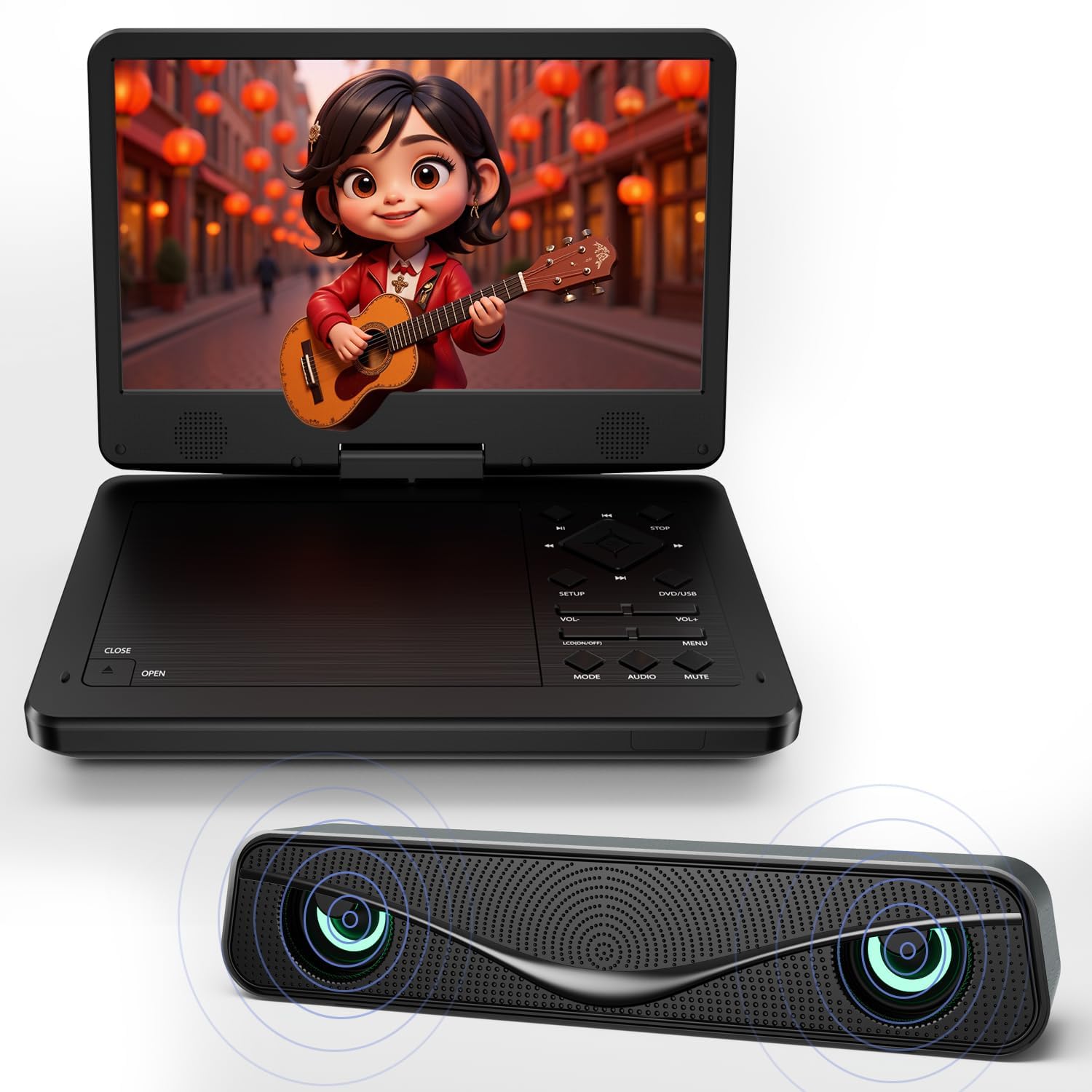 12.5" Portable DVD Player with Soundbar & 10.1" HD Screen for Kids & Adults, Car DVD Player with Headrest Mount, 360° RF Remote, Dual Earphone Jacks, 5H Battery, CD/DVD/SD/USB, Region Free